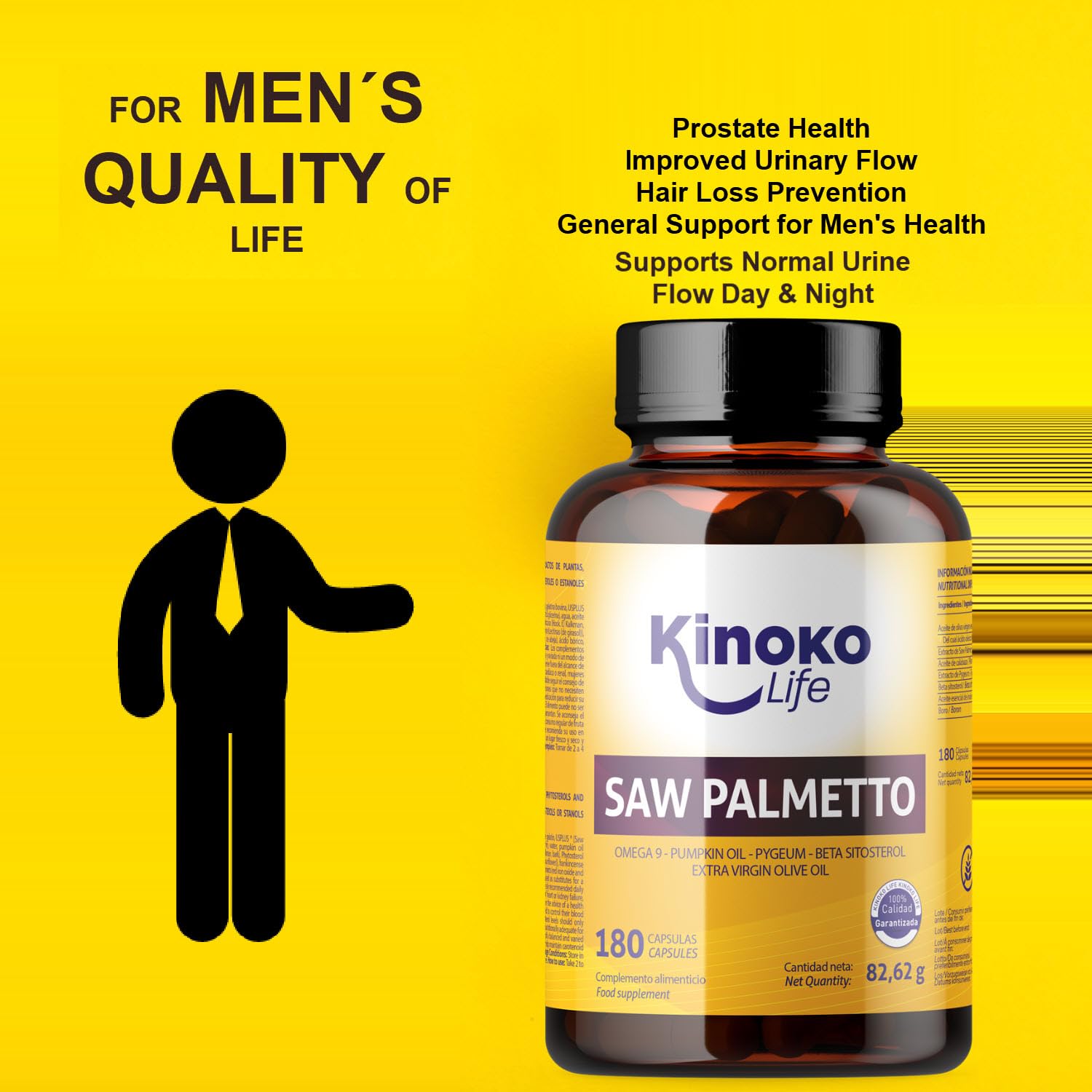 Kinoko Life Saw Palmetto - Serenoa Repens 320 mg 180 capsule. Estratto lipidosterolico puro 85-95%. con Omega 9, Olio di Semi di Zucca, Pygeum Africanum, Serenoa Repens Capelli e Prostata.