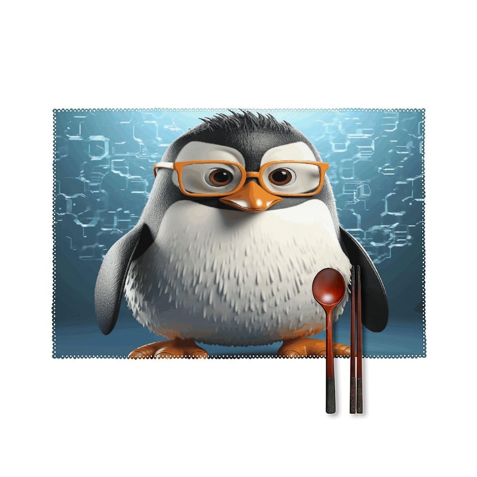 Penguin with Glasses Placemats Set of 4 Heat Resistant Non-Slip Place Mats for Dining Table Washable Placemat Wipeable Dining Table Mat Canvas Place Mats Dining Table Decor