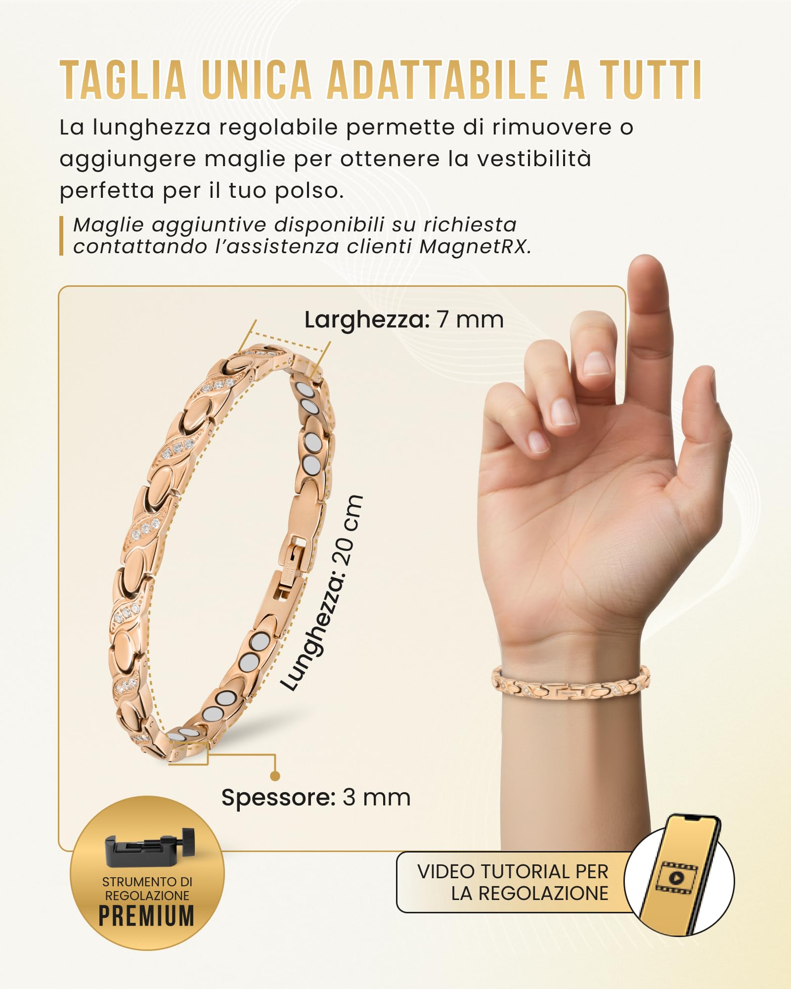 MagnetRX® Bracciale Magnetico Donna Ultra Forte – Bracciale Benessere con Doppio Magnete in Acciaio Inox e Cristalli – Magnetico Regolabile con Strumento di Misura (Oro Rosa)