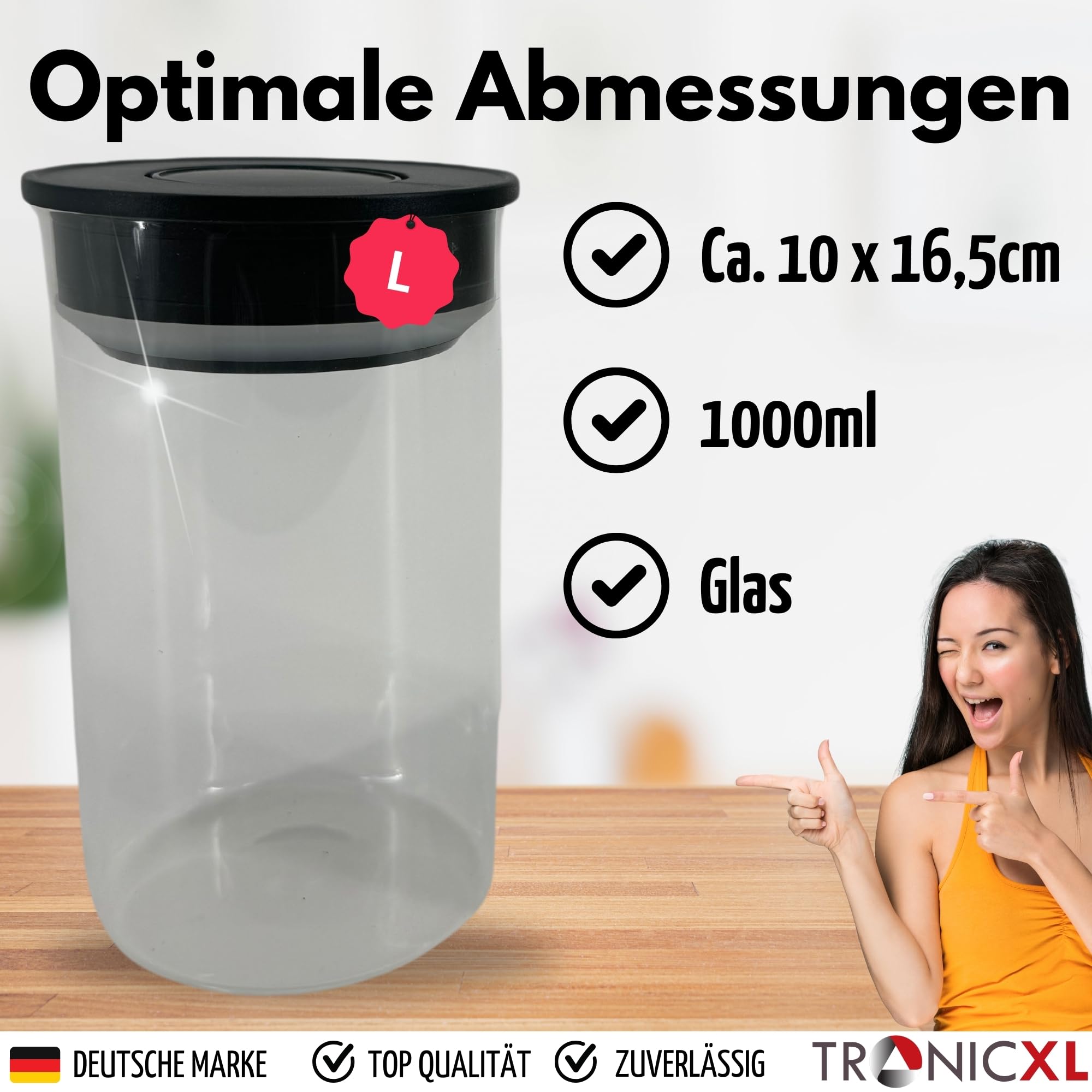 TronicXL Lot de 2 bocaux de conservation sous vide en verre borosilicate de 1 l - 1 000 ml - Avec couvercle hermétique - Pour cuisine, maison, aliments