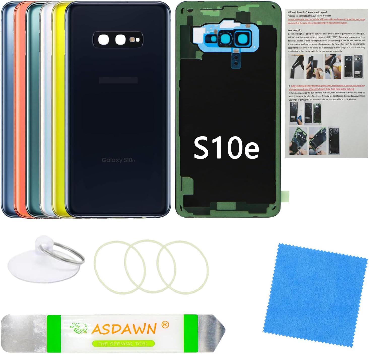 Galaxy S10e Back Cover Glass Replacement with Pre-Installed Camera Lens + Installation Manual + Repair Tool Kit for Samsung Galaxy S10e SM-G970 All Carriers (Prism Black)