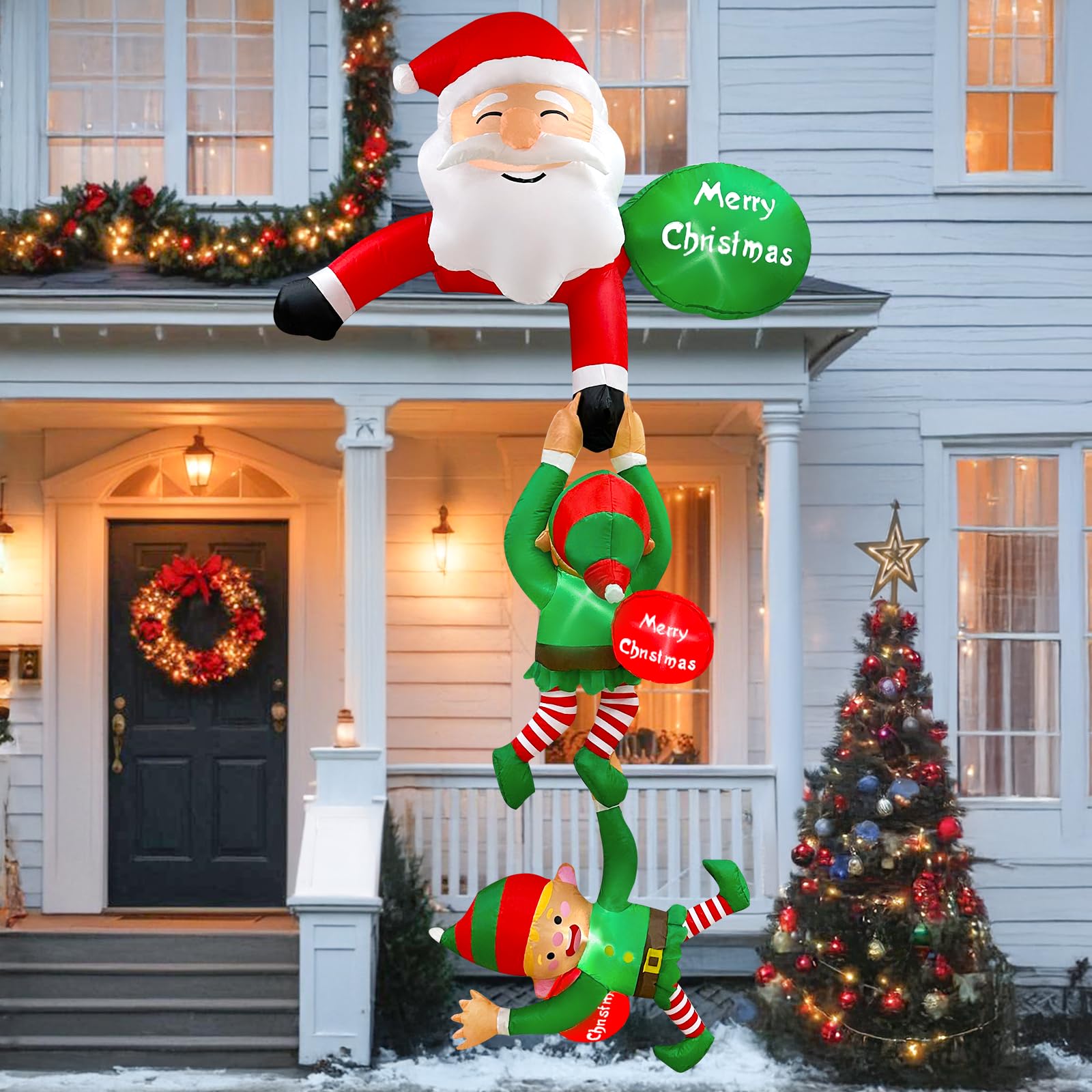 OurWarm 8 FT Hanging Christmas Inflatable Outdoor Decorations, Climbing Santa Claus Pulling Elves, Santa Blow Up Christmas Decorations Outdoor with Build-in LEDs for Windows Eaves Roofs Decor