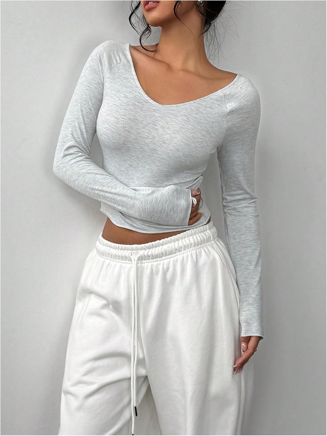 Women's Basic Tops V Neck Long Sleeve T Shirts Fitted Crop Tops Casual Outfits - Image 3