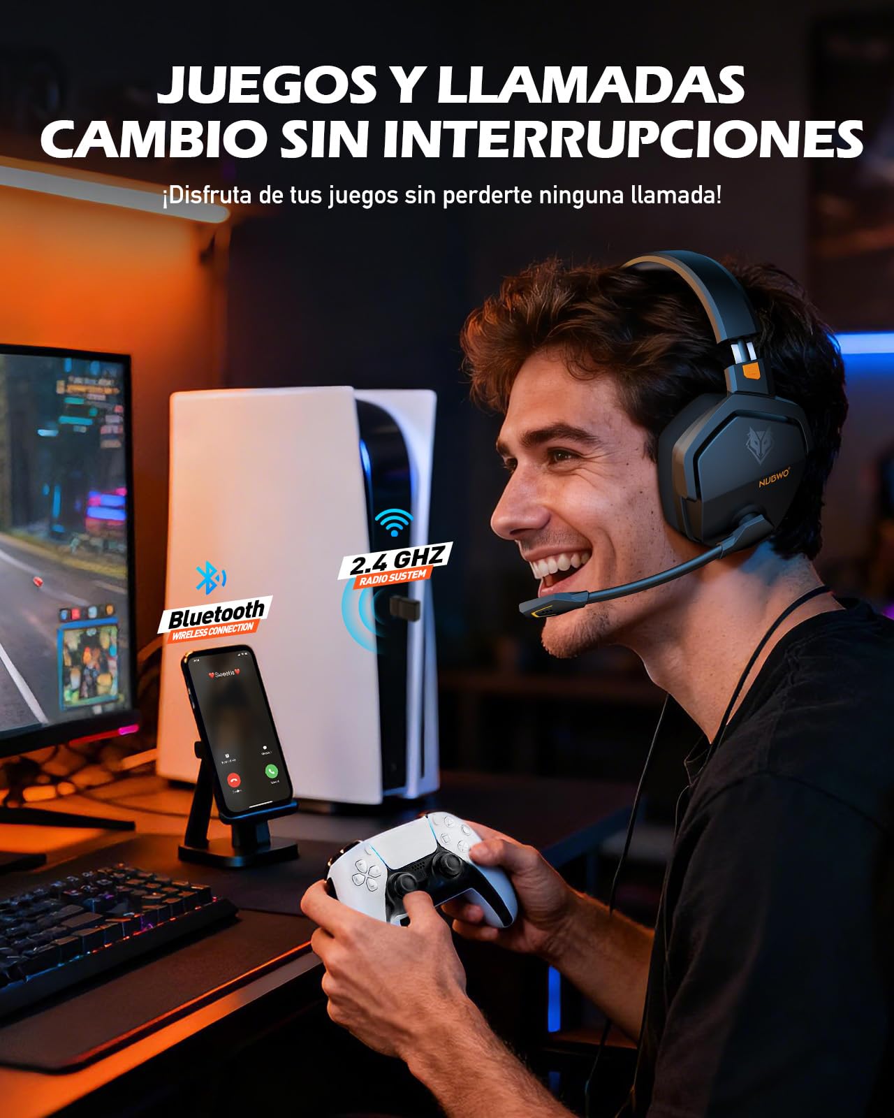 NUBWO G06 Cascos Gaming Inalámbricos con Drivers de 50 mm para PC/Ps5/Ps4/NS/Mobile,Auriculares Gaming Inalámbricos con 2.4 GHz+Bluetooth 5.3 Modo Dual,7.1 Sonido Envolvente,Duración 100Hr+ - Naranja