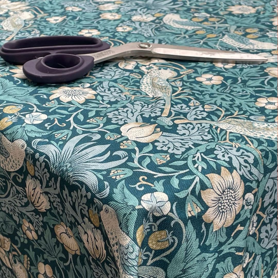 William Morris Oilcloth PVC Table Cloth with BIAS BINDING HEMMED EDGING Matte Finish, Wipe Clean Table Cloth Protector (Strawberry Thief in Teal, 132cm x 200cm Rectangle (BB))