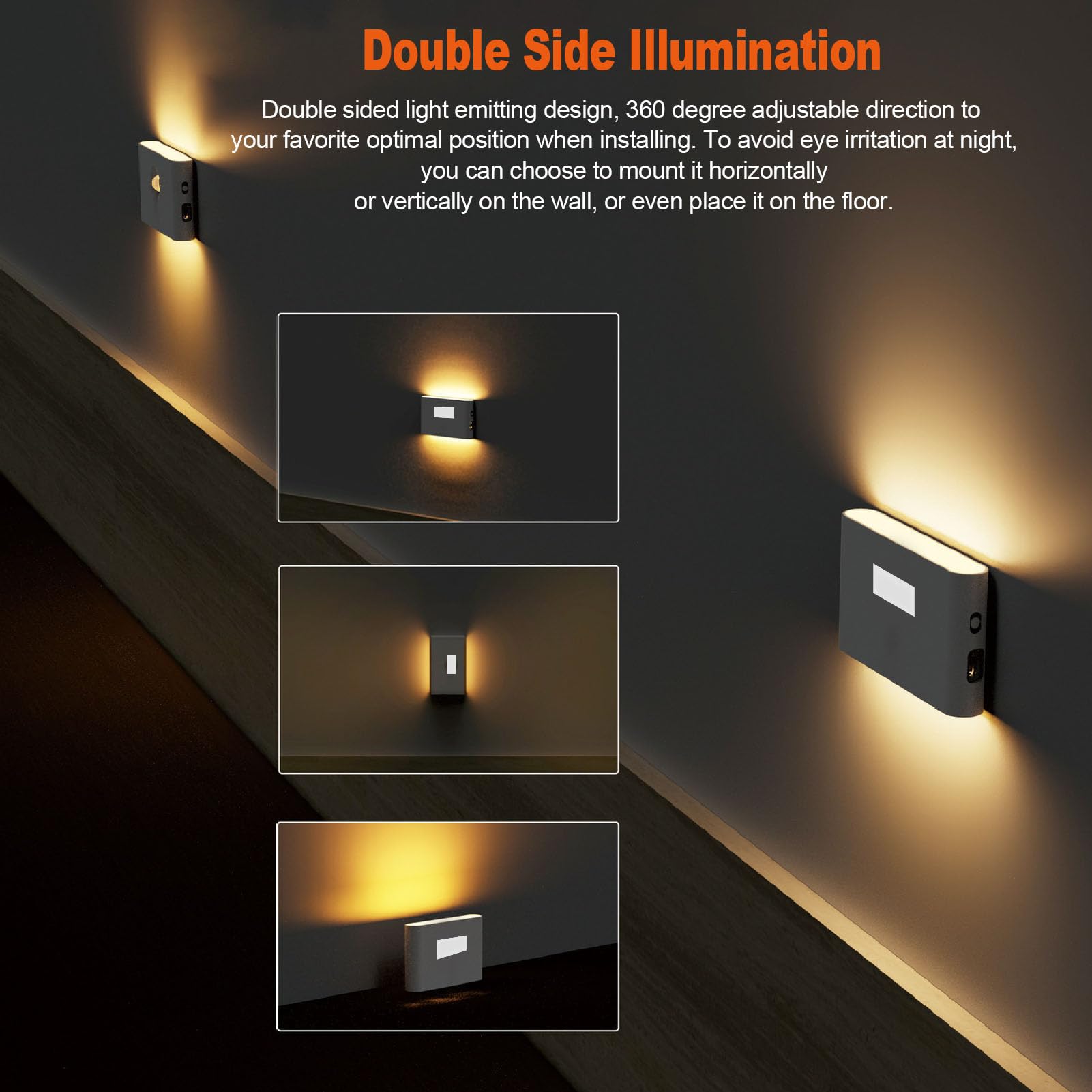Luce notturna con sensore di movimento, luce notturna a LED magnetica ricaricabile di tipo C, luce notturna a LED 2700k con sensore di movimento illuminato su entrambi i lati