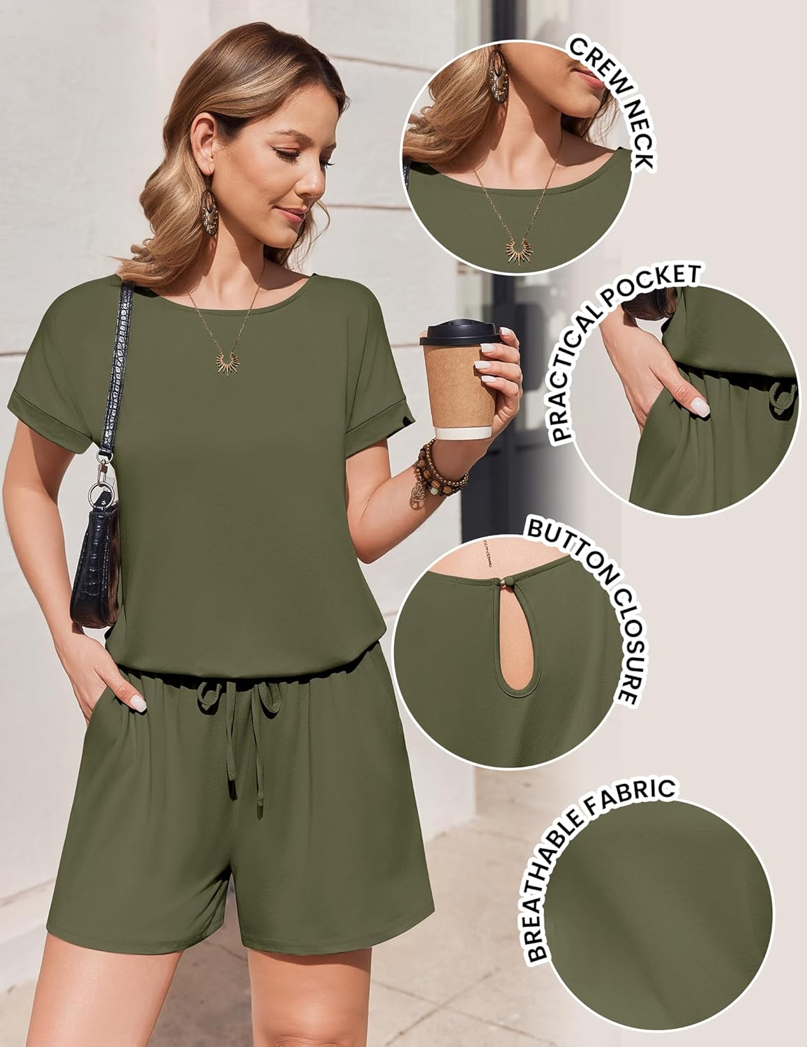 Ekouaer Womens Romper 2026 Summer Casual Short Jumpsuits Beach Vacation Clothes with Pockets - Image 6