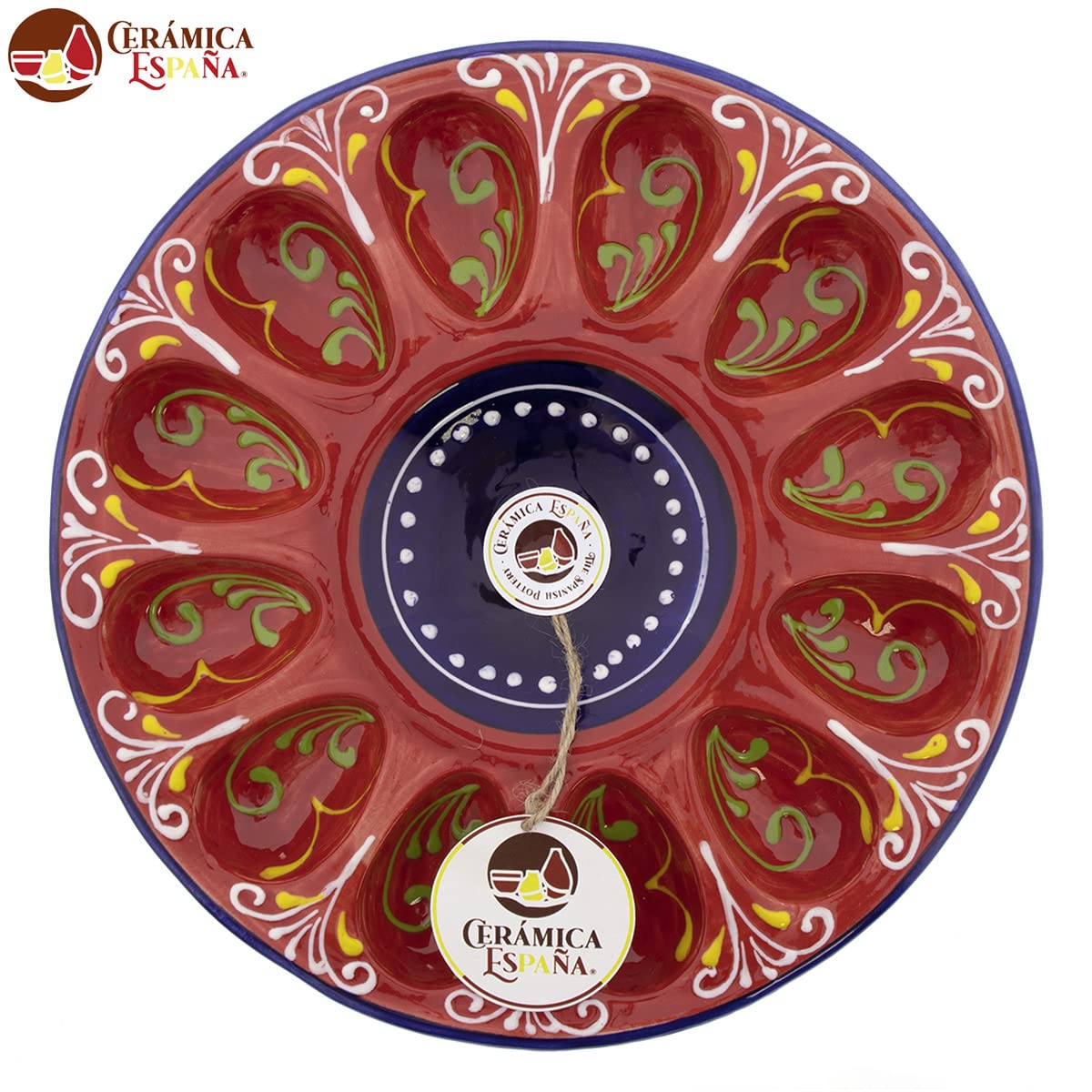 CERÁMICA ESPAÑA Coquetier et assiette pour œufs farcis | Plateau en céramique | Modèle M01 | Décoration 100 % faite main | 25,5 x 25,5 x 2,5 cm
