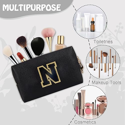 Miniatura 4 de Bolsa de maquillaje preppy inicial personalizada Pequeña bolsa de carta de chenilla de viaje linda, Negro -, Moda