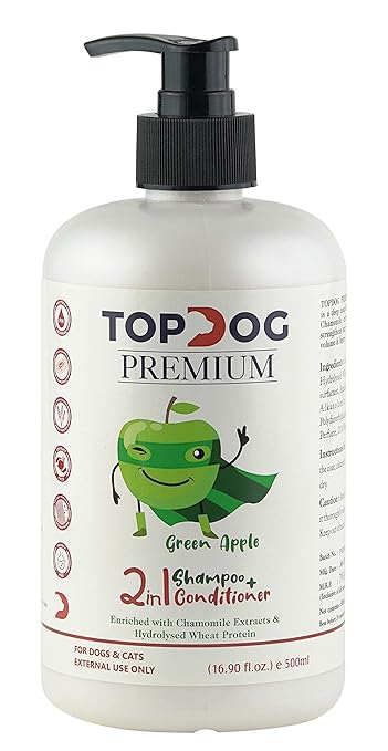 Top Dog Green Apple Dog Shampoo and Conditioner- Enriched with Hydrolyzed Wheat Protein & Chamomile Extracts for Coat Shine & Strength, Deep Conditioning, Paraben Free, pH Balanced, 500 ml