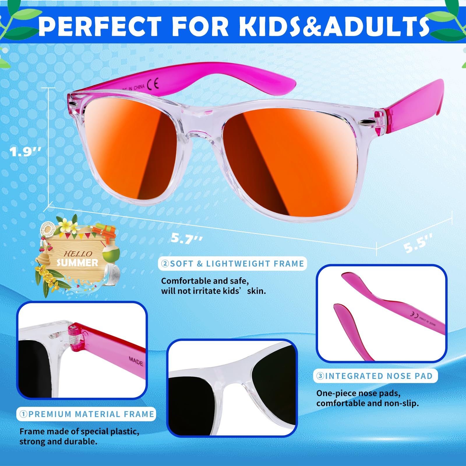 Paquete de 24 lentes de sol para niños, recuerdos de fiesta, lentes de sol translúcidos neón con protección UV a granel para niños y adultos, perfectos para verano, piscina, playa, cumpleaños, fiesta