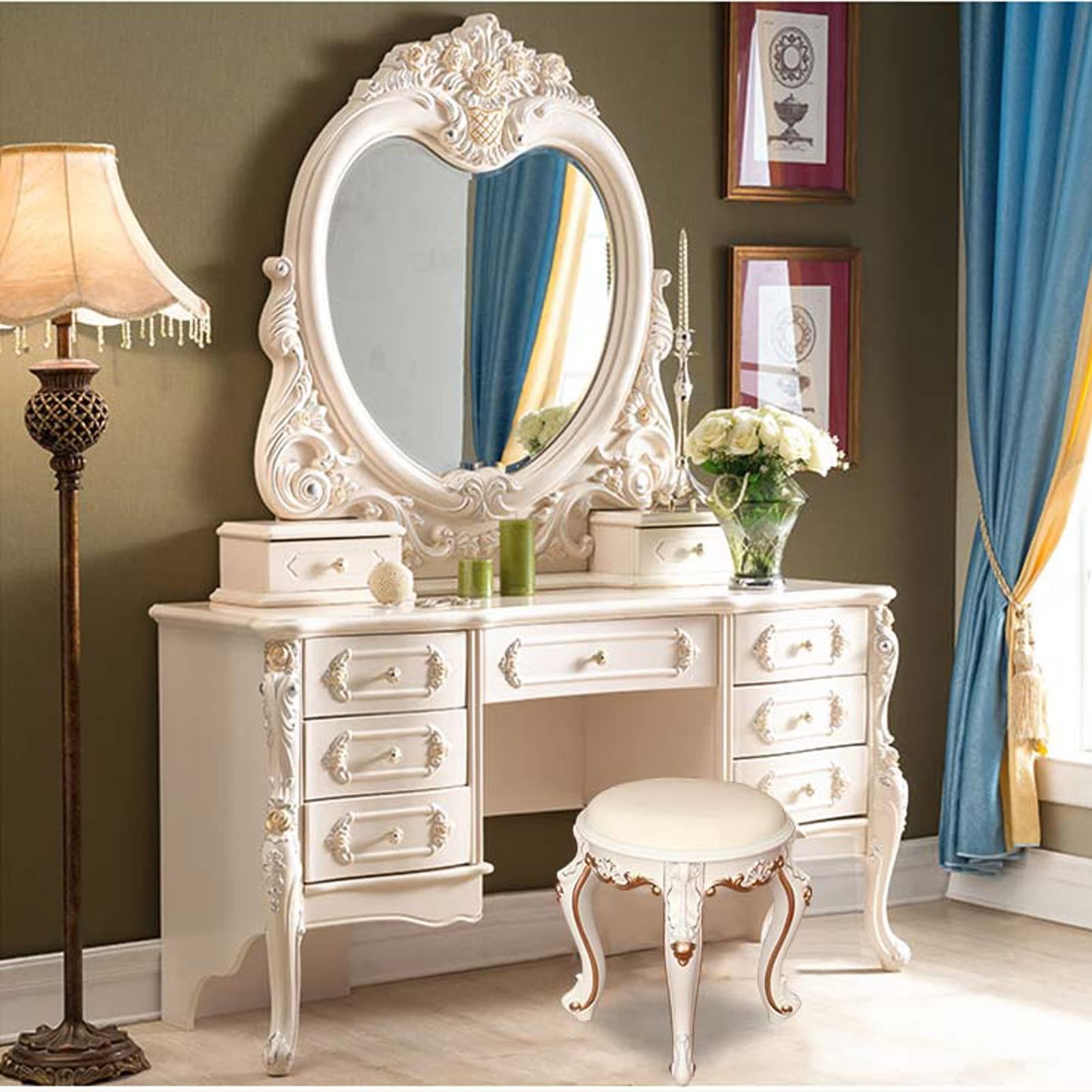 Taboret kosmetyczny z grubą poduszką, tworzywo ABS i stalowe nogi, stylowa niebieska tkanina, idealny do łazienki i sypialni, nowoczesny design, wygodne siedzenie