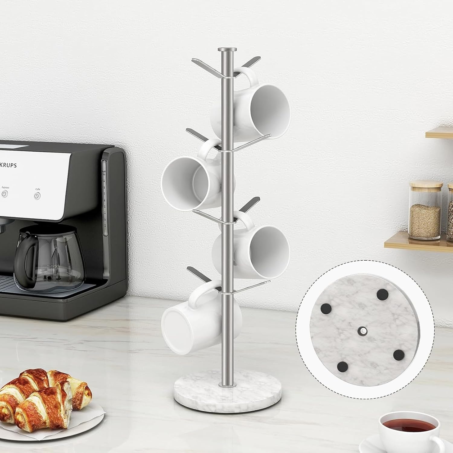 Marble Mug Holder Tree, 8 Hooks Brushed Nickel Coffee Cups Stand, New Upgraded Stable Mug Stand for Kitchen Counter Cabinet Cafe
