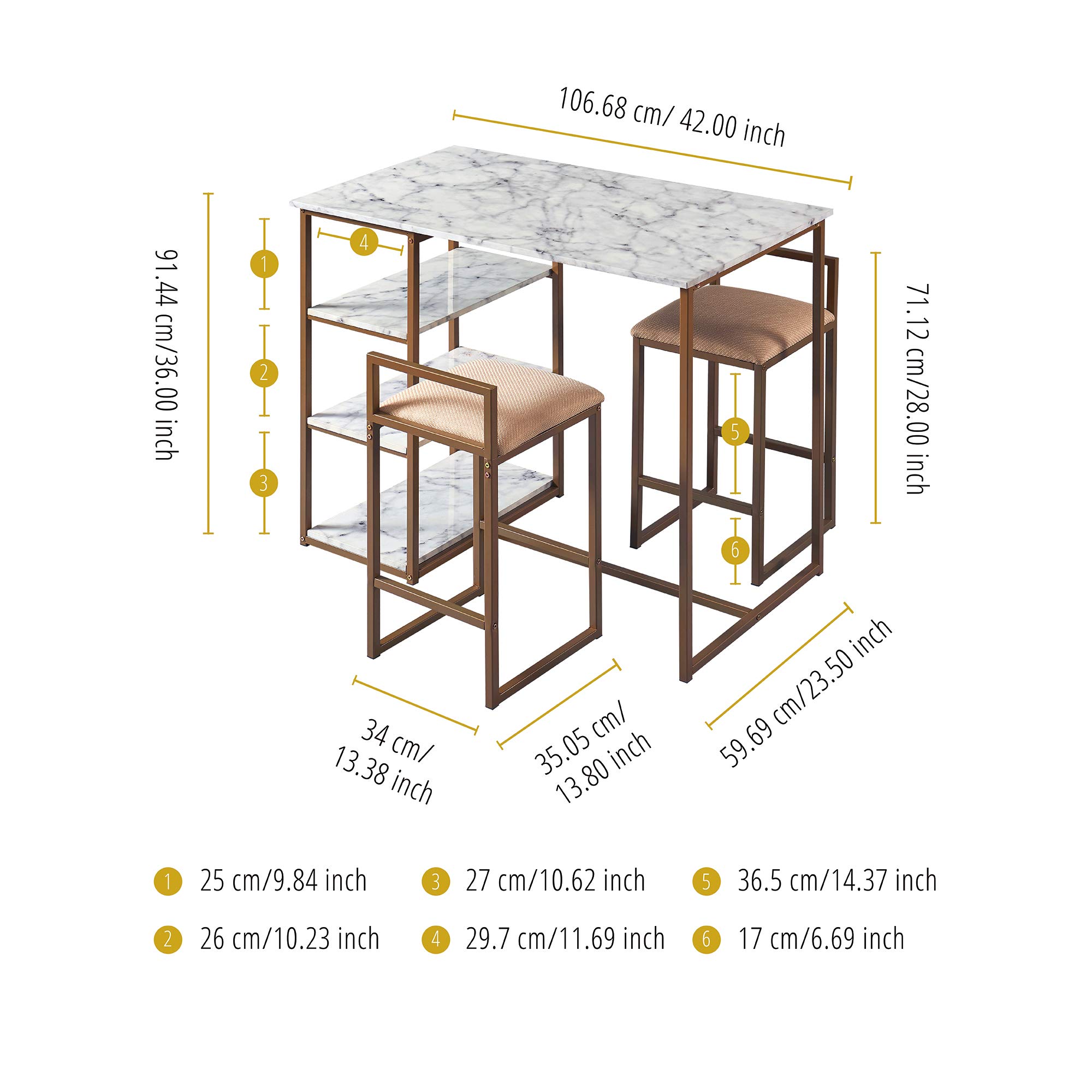 Teamson Home Marmo 3-Stücke Frühstücks-Ess-Set, Bartisch und 2 Gepolsterte Hocker mit Stauraum, Tischplatte aus Weißem Marmor und Beine in Gold-Messing-Finish