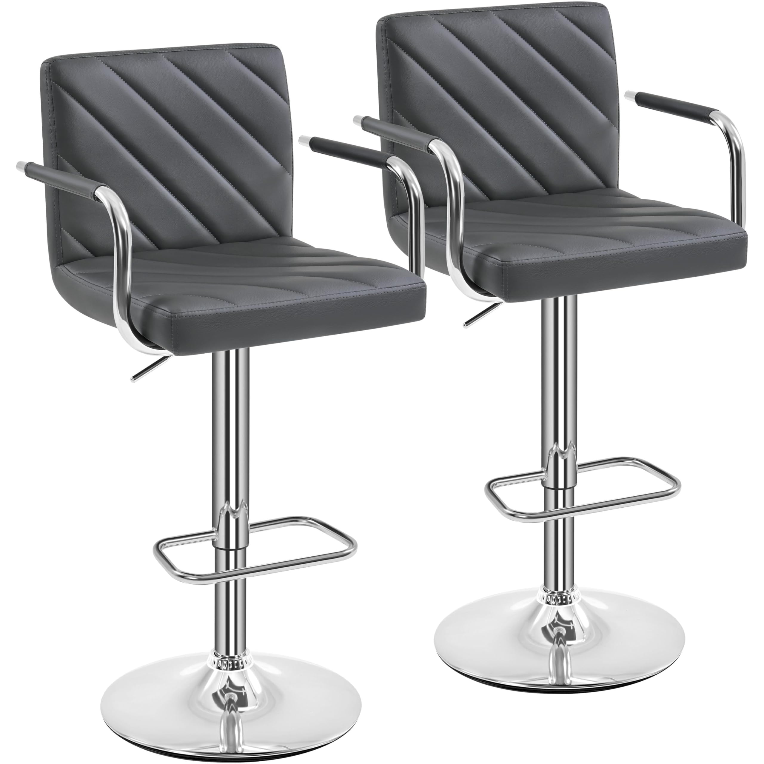 Yaheetech Set of 2 Bar Stools Leatherette Swivel Bar Chairs Height Adjustable with Backrest Footrest Armrest for Bar Kitchen Home Dark Grey