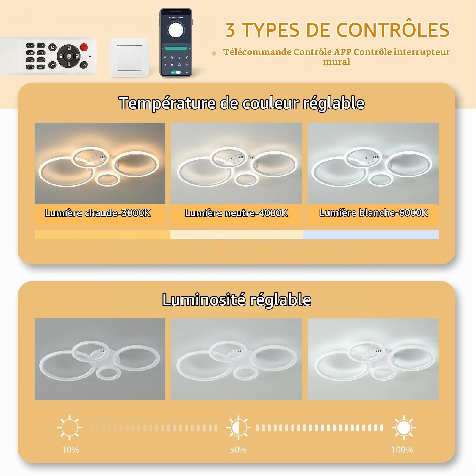 Plafonnier LED intensité variable 80cm, 40-80W Lampe de salon, Lampe de chambre à coucher avec télécommande, Changement de couleur, Plafonnier moderne à économie d'énergie Éclairage de