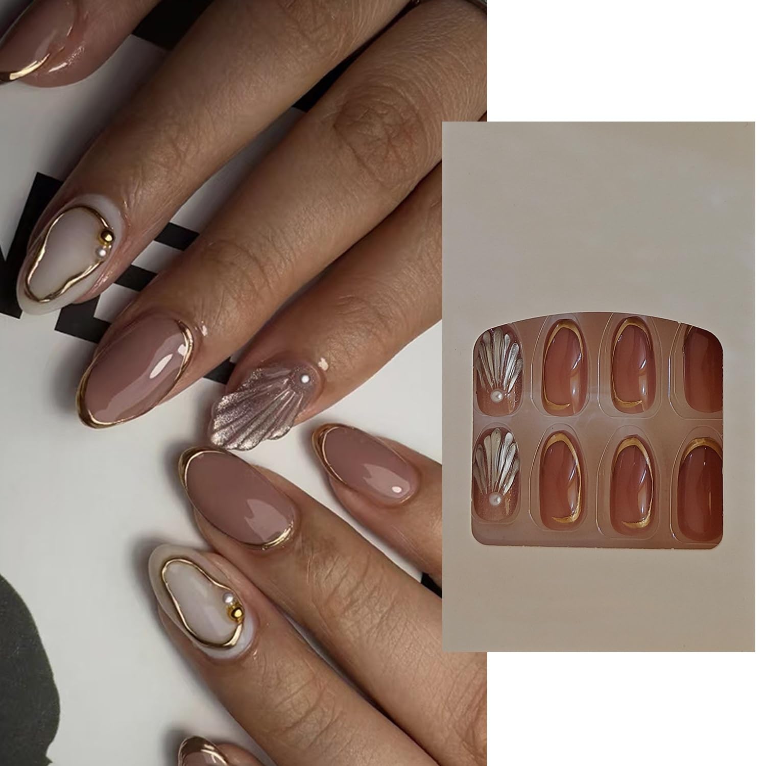 S.A.V.I 24 Pcs Medium Length Round Press-On Nails | Nude Brown & White Glossy Finish | 3D Shell Pearl & Gold Foil Design | Reusable Acrylic Fake Nails with Glue & Adhesive Tabs-image-30