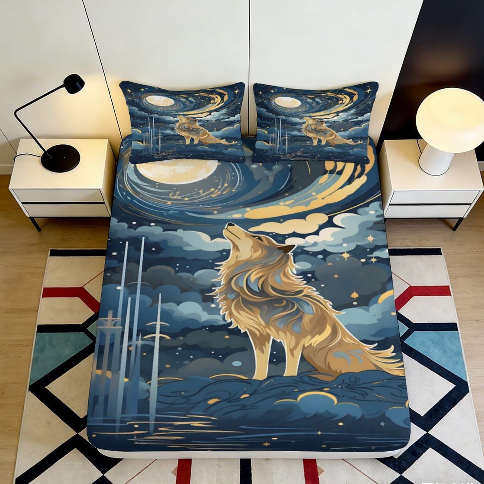 3D Printed Wolf Moon Fitted Sheet Microfiber Soft Breathable Cosmic Sky Mattress Cover for Bedroom Dormitory Guest Room Protection Decoration 180x200x25cm