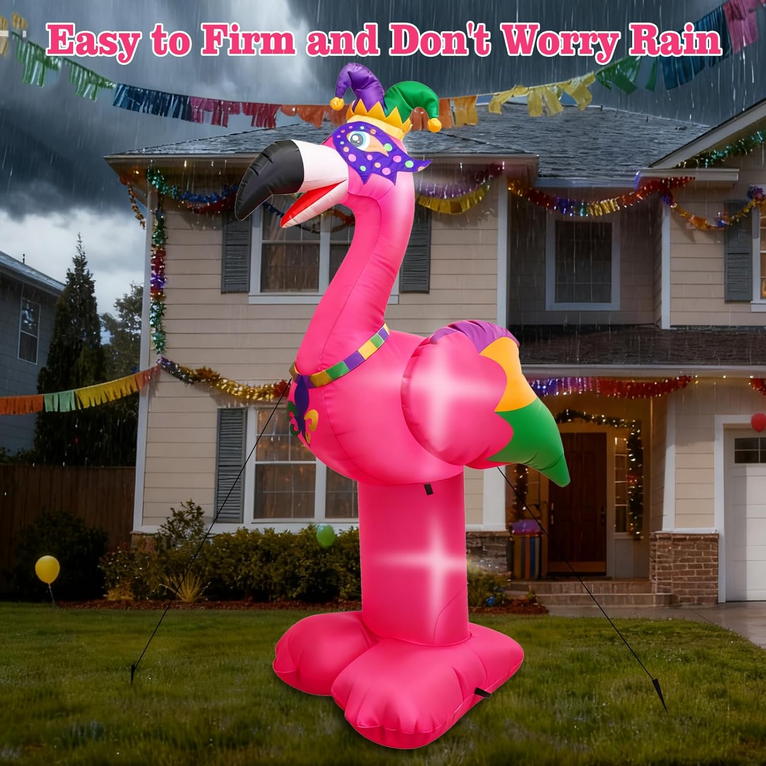 6FT Tall Mardi Gras Inflatable Decoration Flamingo with Crown Necklace Built-in 3 LED Lights Blow up Flamingo for Mardi Gras Yard Garden Outdoor Decoration - Image 5