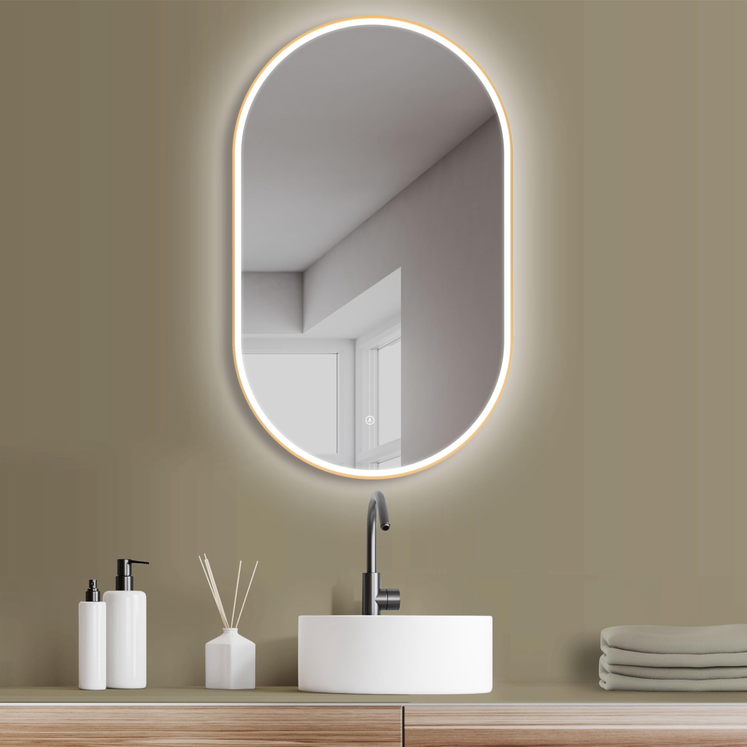 HOKO® Lustro ścienne owalne 45 x 75 cm / 75 x 45 cm Alicante z energooszczędnym oświetleniem LED i metalową ramką złota. Przełącznik dotykowy, LED bezstopniowa zmiana 2700-6500 K ciepła biel zimna