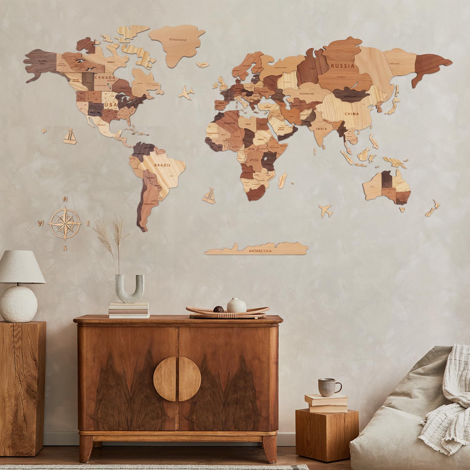 Handiwoo Mapa del mundo de madera 3D, mapa del mundo de madera, arte de pared de madera multicapa, idea de regalo de inauguración de la casa, mapa de viaje de madera grande para decoración del hogar y