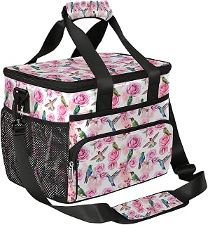 Insulated Lunch Bag, Hummingbird Bird Flower Rose Reusable Lunch Box Leakproof Cooler Tote Bag Large Lunchbox Freezable Lunch Bag with Adjustable Shoulder Strap for Women Men Picnic Work Beach
