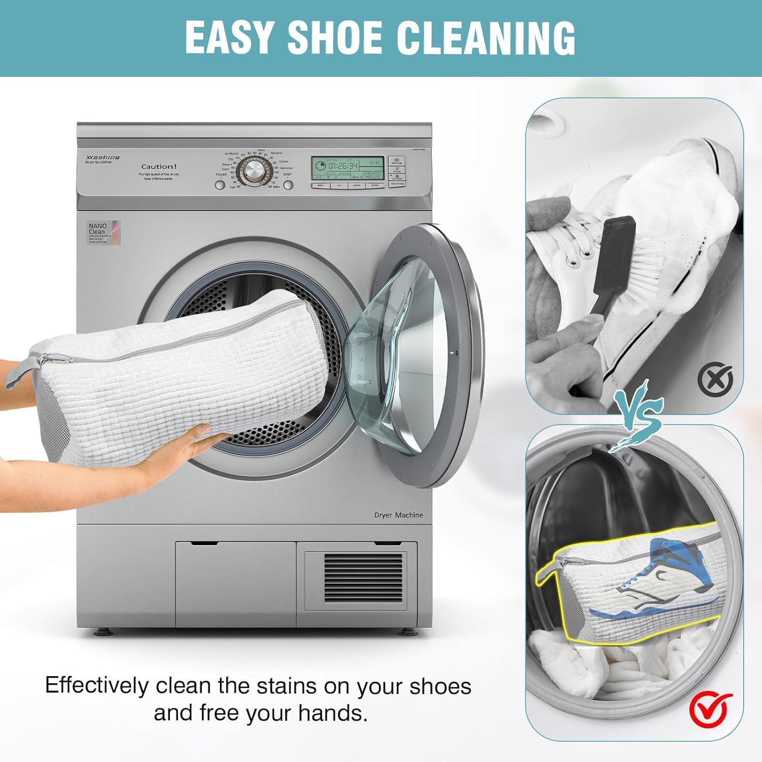 2 Pcs Shoe Washing Machine Bags with 4 Adjustable Shoe Trees, XXL Laundry Bags for Washer and Dryer, Sturdy Zipper with Hook Design, Reusable Cleaning Bag for Sneaker, Tennis (White)