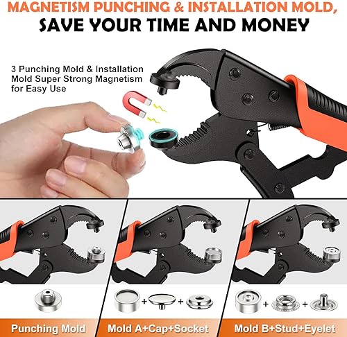 Miniatura 3 de Herramienta de cierre a presión resistente, kit de cierres a presión con herramienta de ajuste de presión ajustable, incluye 20 juegos de broches de