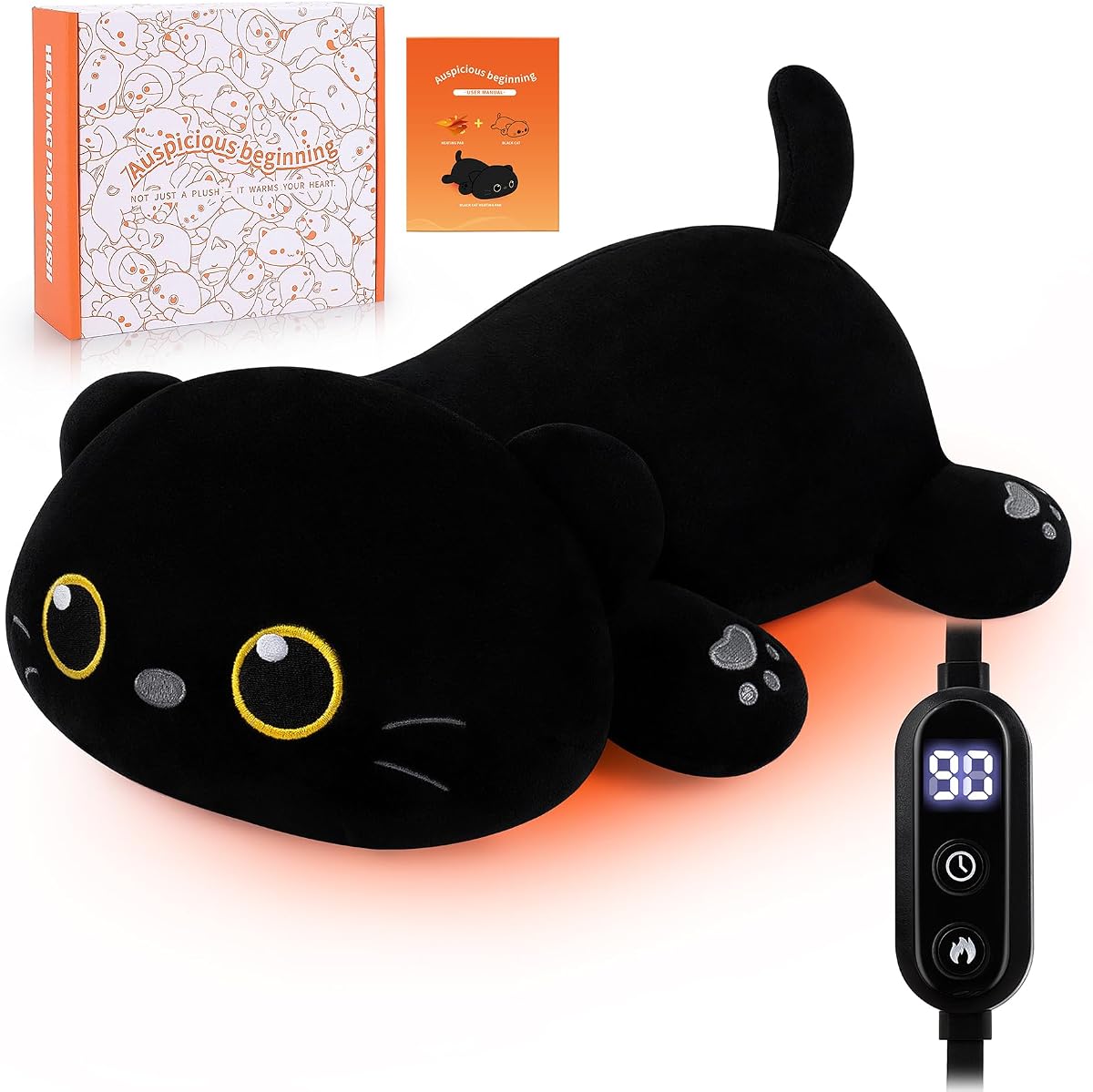 Electric Heating Pad for Period Cramps, Cuddly Soft 14" Black Cat Plush with a Hot Soft Belly USB Powered, Menstrual Heating Pad Neck Shoulder Pain Relief, Christmas Birthday Gift for Daughter Wife