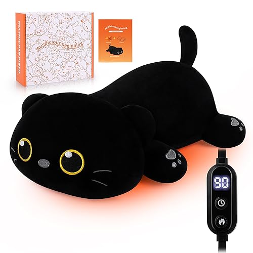 Electric Heating Pad for Period Cramps, Cuddly Soft 14" Black Cat Plush with a Hot Soft Belly USB Powered, Menstrual Heating Pad Neck Shoulder Pain Relief, Christmas Birthday Gift for Daughter Wife - Black Cat