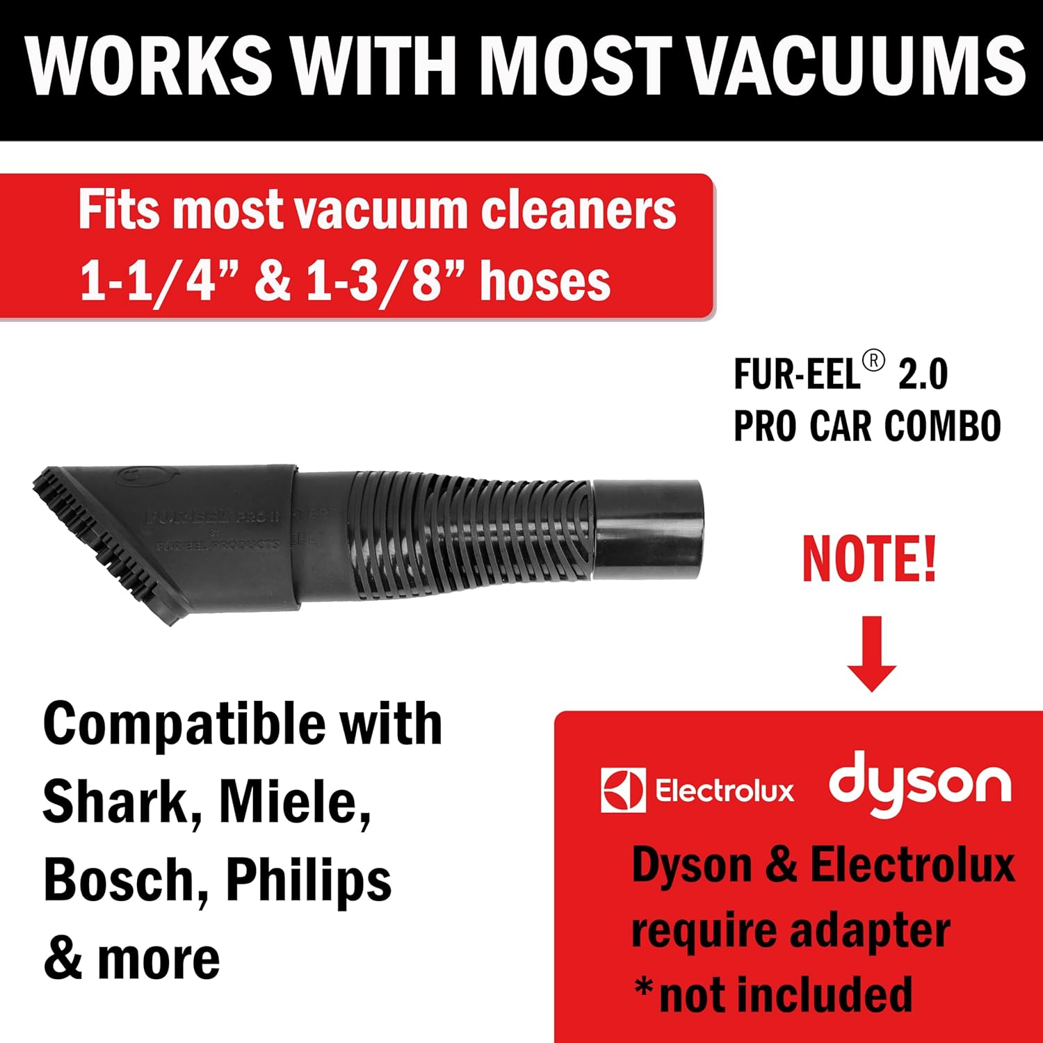 FUR-EEL PRO 2.0 Combo Pet Hair Removal Tool for Car Detailing | Universal Vacuum Attachment for Dog & Cat Hair | Fits 1-1/4" & 1-3/8" Hoses | Replaceable Soft Rubber Head | Washable & Reusable