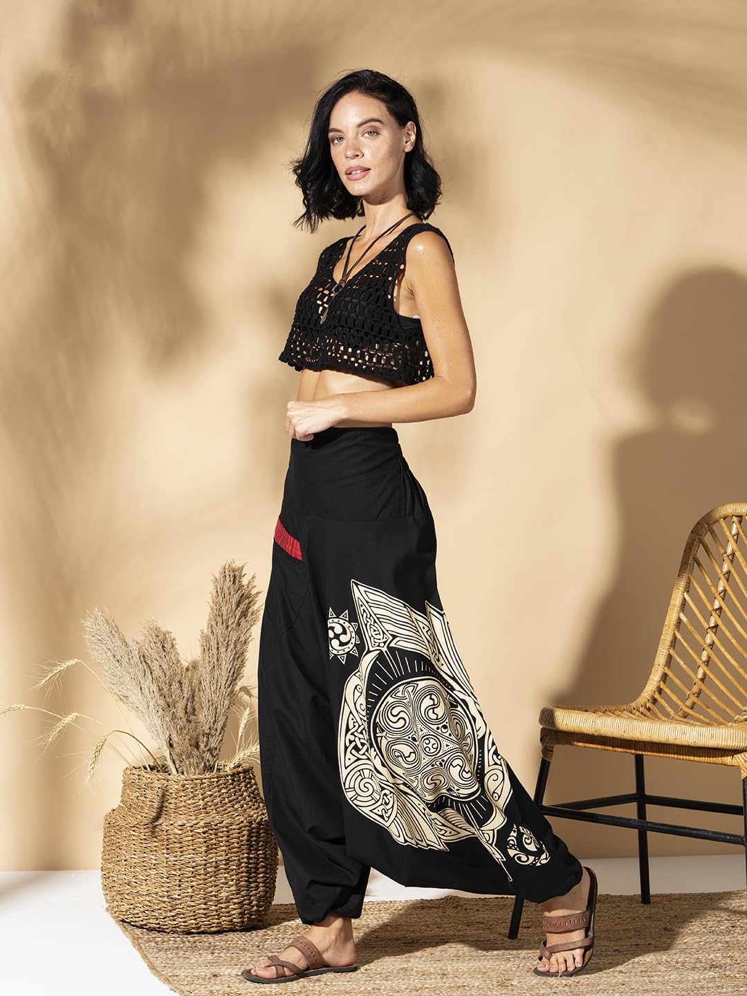 The Veshti Company High Waist Low Crotch Printed Cotton Yoga Harem Pants for Women's, Hippie Style Baggy Palazzo Pant, Spell Binder Black-Beige, XL 2
