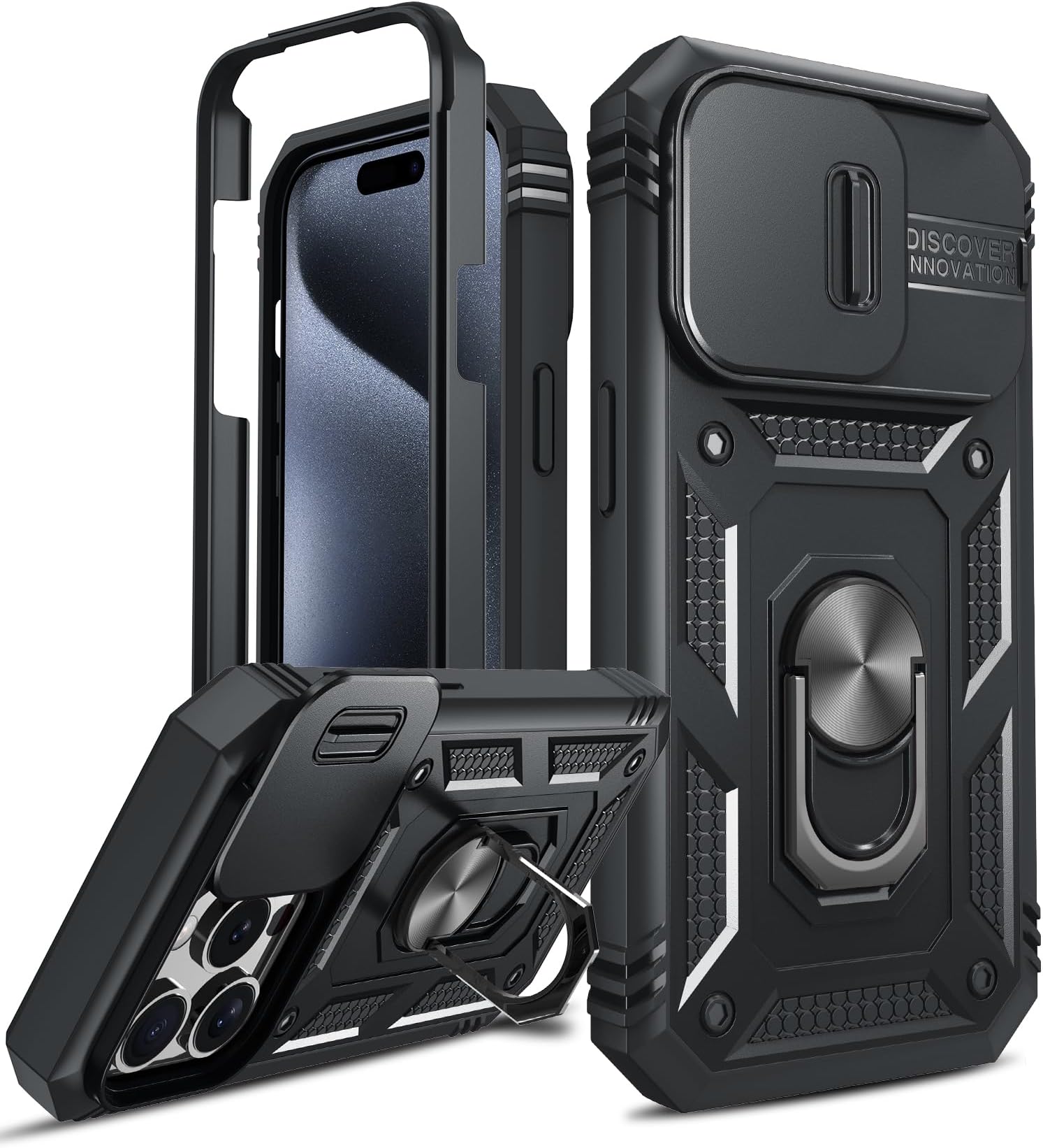 LeYi for iPhone 15 Pro Case with Camera Cover Slider(Not include Screen Protector), Front Frame+Back Case, Full Body Armour Military Grade Shockproof Phone Cover | Ring Stand Holder BlackGlobal Recycled StandardGlobal Recycled StandardGlobal Recycled Standard