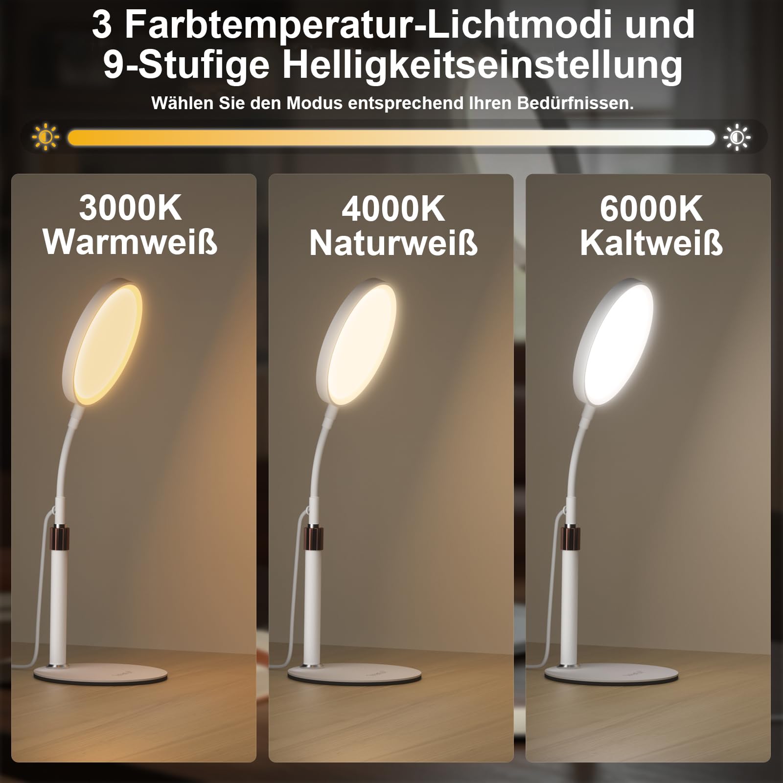 Tageslichtlampe, 10000 Lux, 3 Farbtemperaturen, 9 Helligkeitsstufen und Timer, Ideal für Lesen/Büro/Schlafzimmer (weiß)