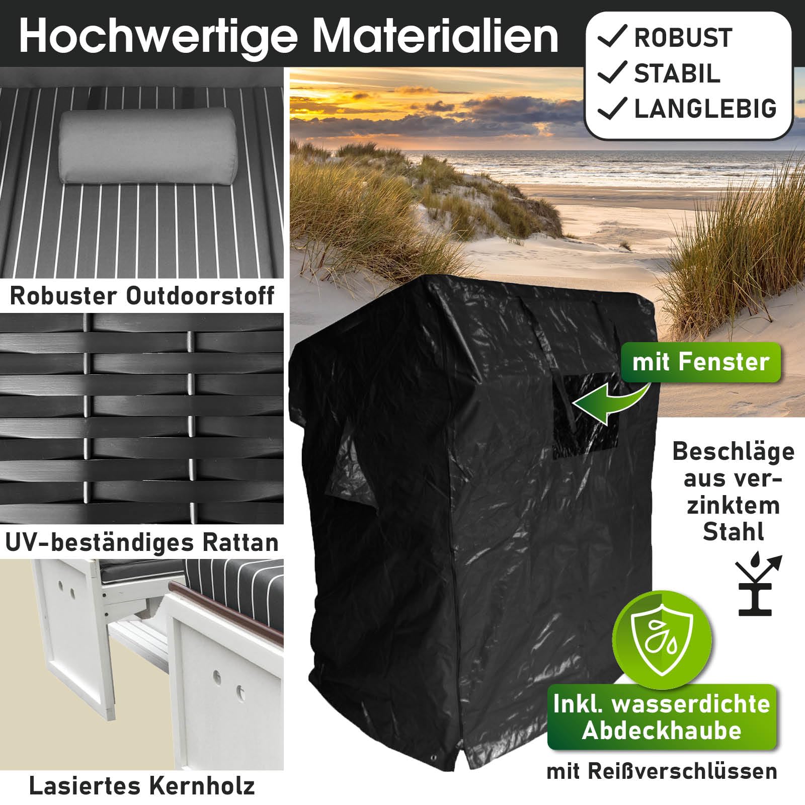 BRAST Corbeille de Plage mer Baltique 3 Places 165x160x79cm Osier en Poly rotin/Bois imperméable + Housse trés Confortable - Chaise Longue Strandkorb - Anthracite/Gris rayée