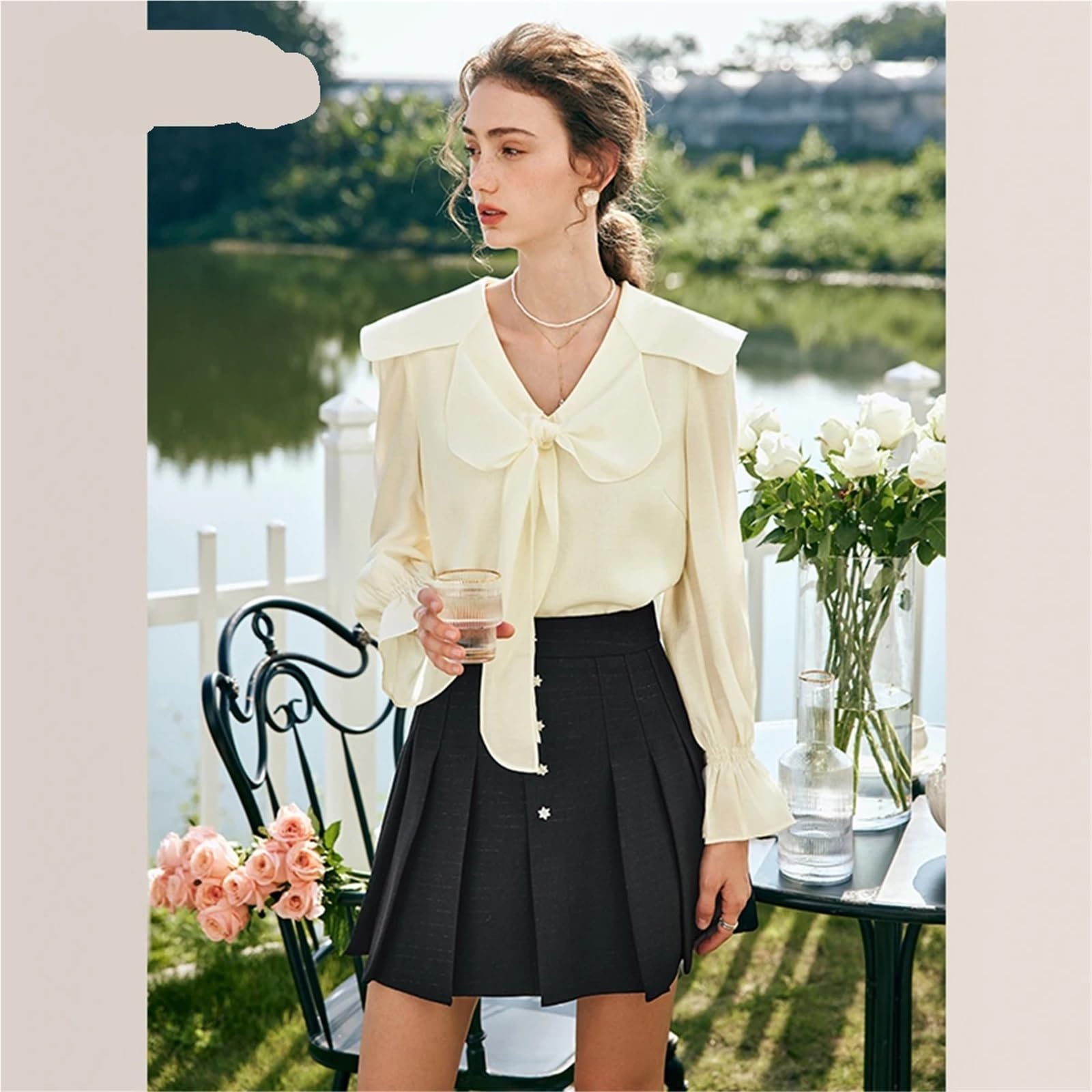 Blusa de Gasa Encaje for Mujer, Camisa Elegante Color Liso con Pajarita, Tops Femeninos Manga Larga Cuello en V para Atuendo Casual Diario