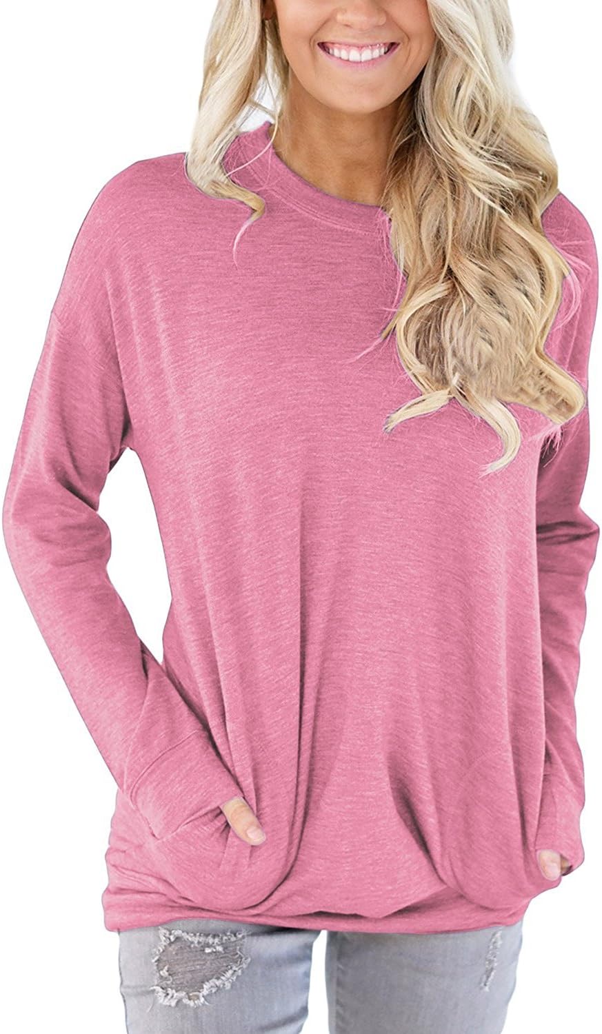 LISTONE Women Long Sleeve Solid Color Crew Neck Sweatshirt Loose Casual Shirt Tops Blouse Pink XXL