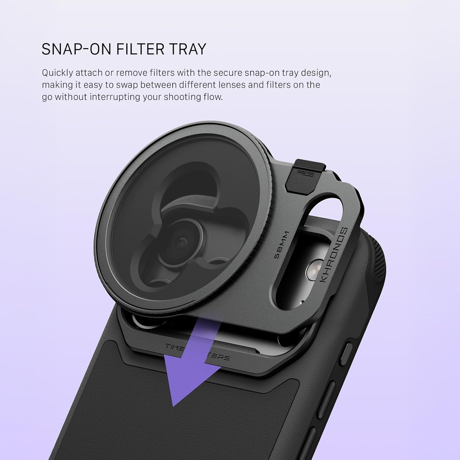 iPhone 17 Pro Max case with 58mm filter tray attached