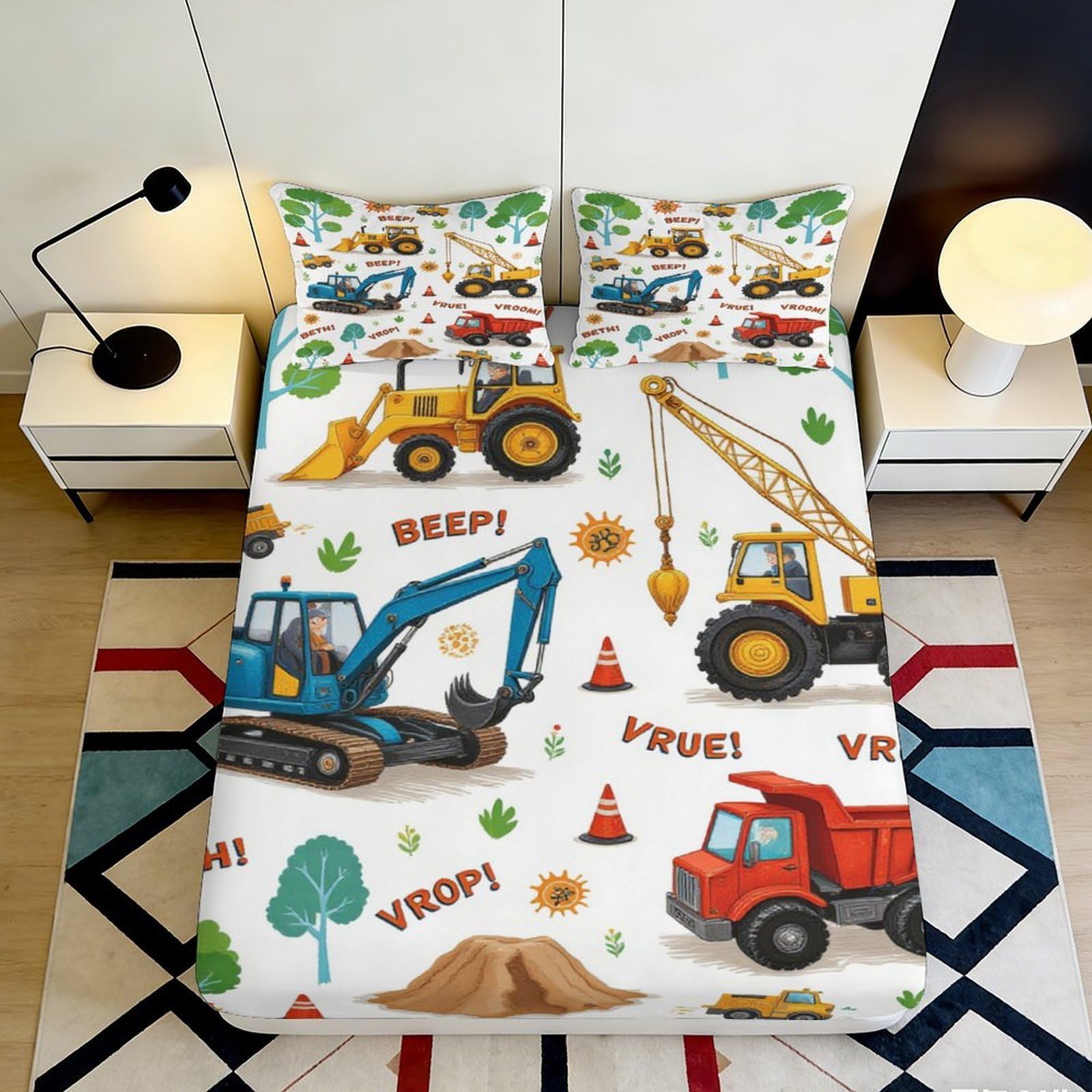 3D Printed Construction Vehicles Fitted Sheet Microfiber Anti-Slip Excavator Truck Bed Cover for Bedroom Dorm Easy Care 180x200x25cm