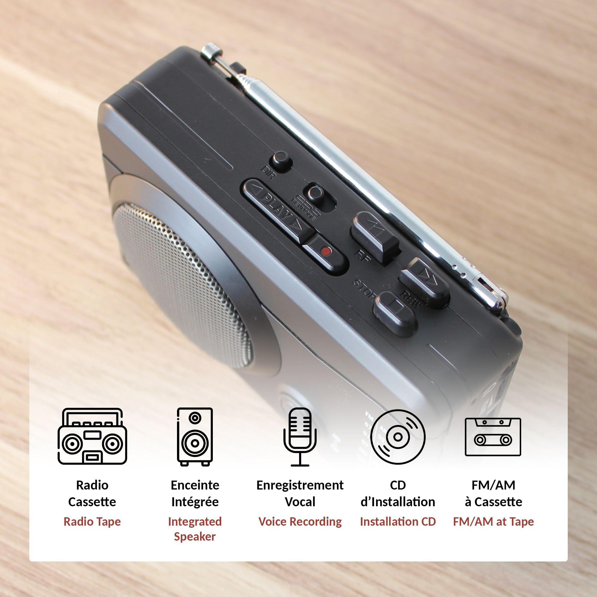 FISHTEC - Kassettenrecording-Radio mit modernen Funktionen, MP3, USB-Anschluss, FM/AM, Sprachaufnahme, integrierter Lautsprecher, ausziehbare Antenne, Audio Musik