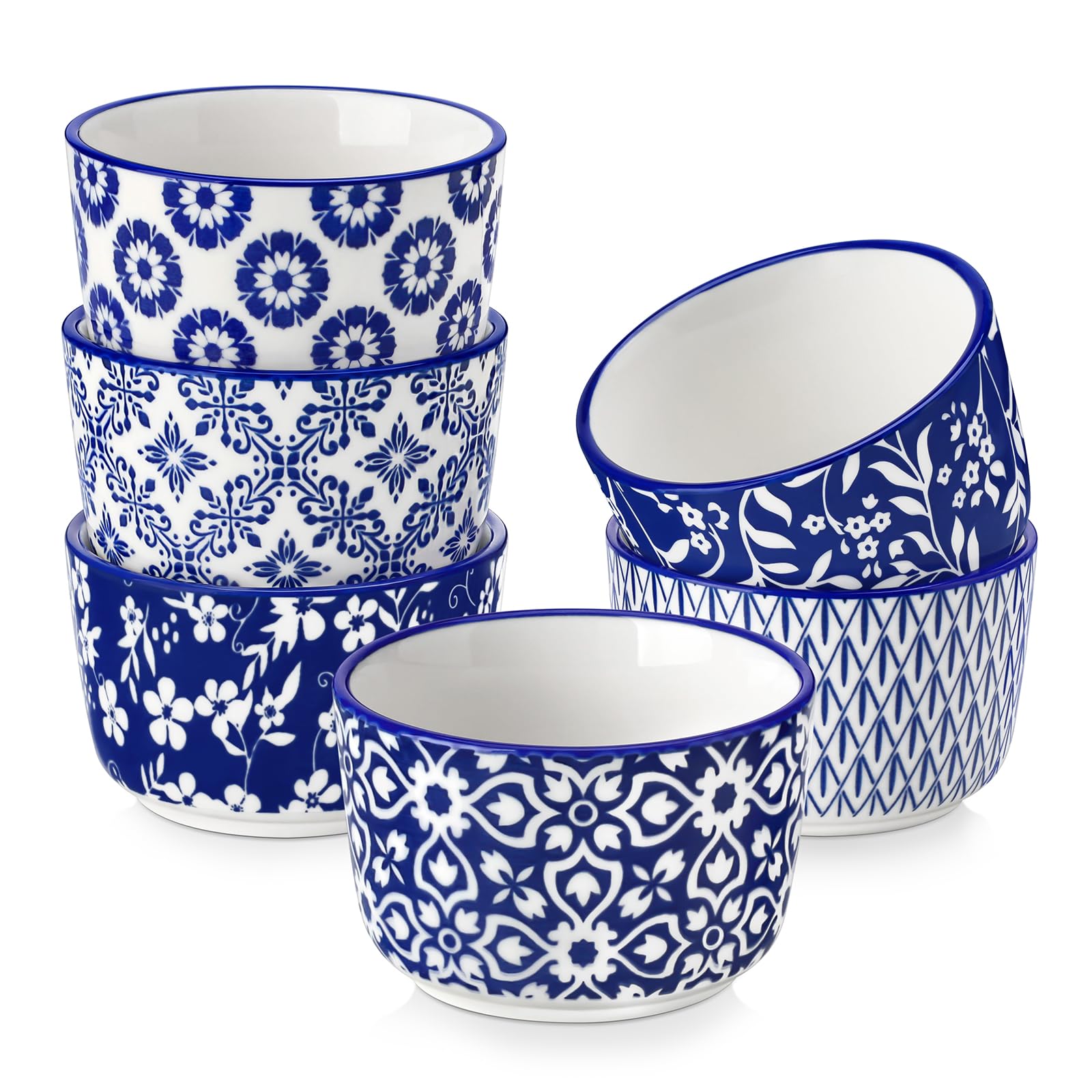 Creme Brulee Schälchen 6 Stück, vancasso SELENE Souffle Förmchen Backofenfest 180ml, Ofenfeste Förmchen Ø 9cm, Ragout Fin Schalen aus Porzellan, Mikrowellenfest und Spülmaschinenfest, Blau-weiß