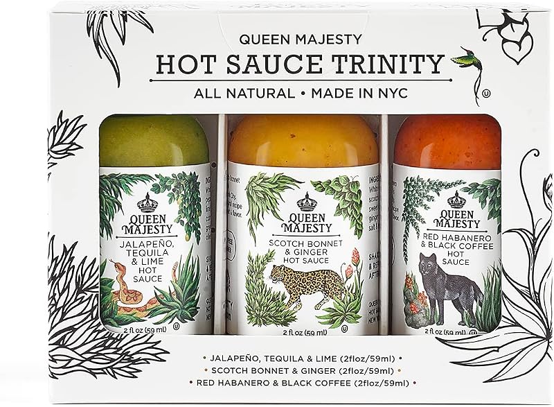 Queen Majesty 2OZ HOT SAUCE SAMPLER, Mini 2 oz - Jalapeño, Scotch Bonnet, Red Habanero/Award Winning Sauces - All Natural, Kosher, Vegan, Gluten Free, No Sugar, Made In NYC - Seen on Hot Ones