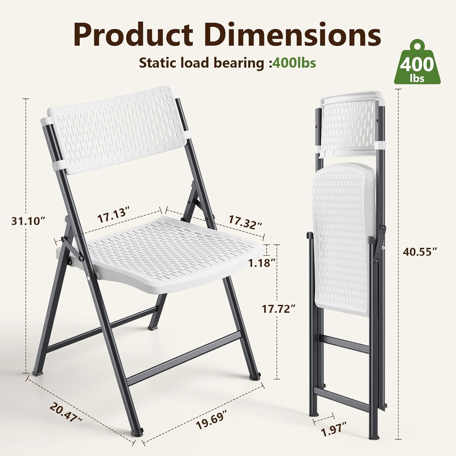 Folding Chair 4 Pack, White Folding Chairs with Breathable Molded Plastic Mesh Back & Seat, Sturdy Metal Frame Support up to 400lbs, Indoor Outdoor Foldable Chair for Party,Dinnig,Events