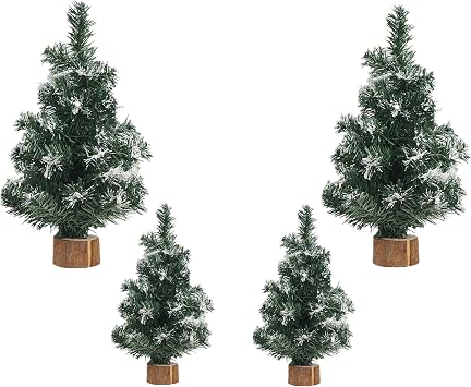 4pcs Tabletop Mini Christmas Tree, Desktop Simulated Snow Miniature Pine Christmas Trees with Wooden Base for Christmas Thanksgiving Xmas Party Home Table Craft Decorations 7.87/11.81 Inch