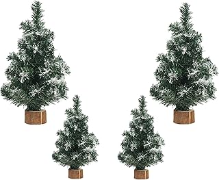 4pcs Tabletop Mini Christmas Tree, Artificial 7.87/11.81 Inch Snow Miniature Pine Christmas Trees with Wooden Base for Christmas Decor Christmas Party Home Table Craft Decorations