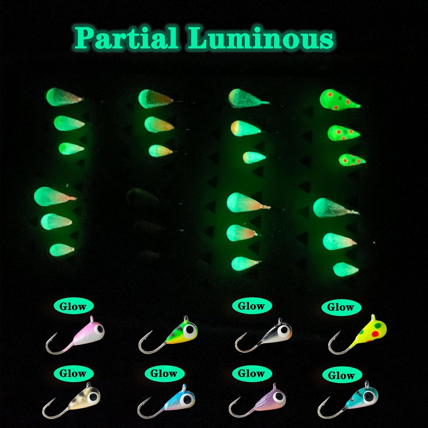 Tungsten Ice Fishing Jigs 24pcs Ice Fishing Lures UV Glow in Dark Ice Fishing Jig Set for Crappie Panfish Walleye