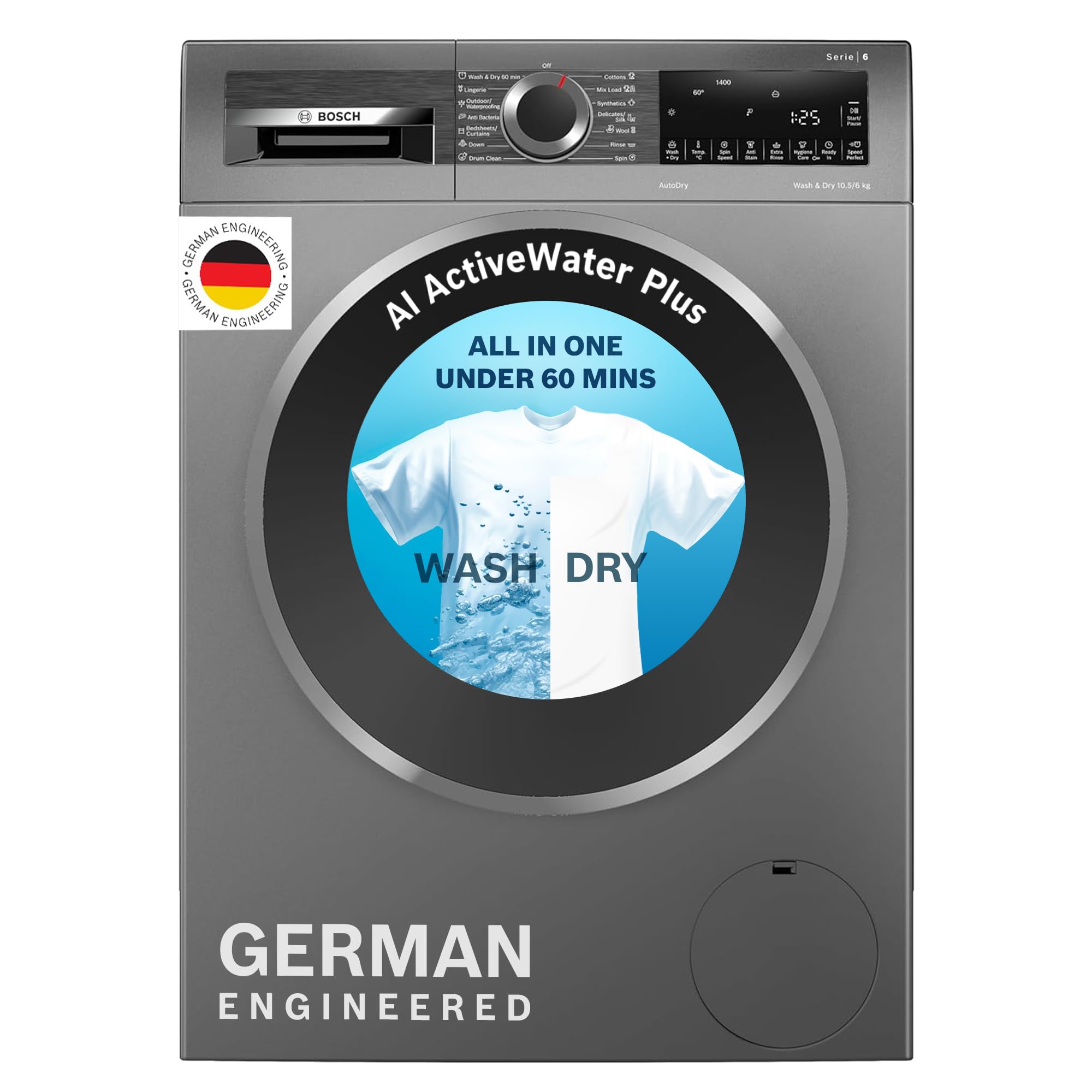 Bosch 10.5/6 KG Inverter Fully Automatic Front Load Washer Dryer (2023 Model, WNA2E4U1IN, 1400 RPM, 14 Wash Programs, LED touch display, Wash & Dry in 60 Mins, Cast Iron Grey)