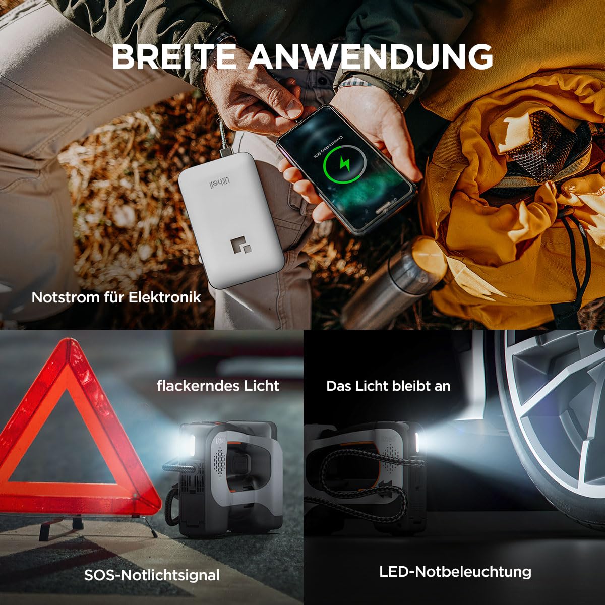 Litheli Elektrische Luftpumpe Tragbarer Akku-Kompressor 10000mAh Digitalanzeige LED-Licht Max 10,3 bar