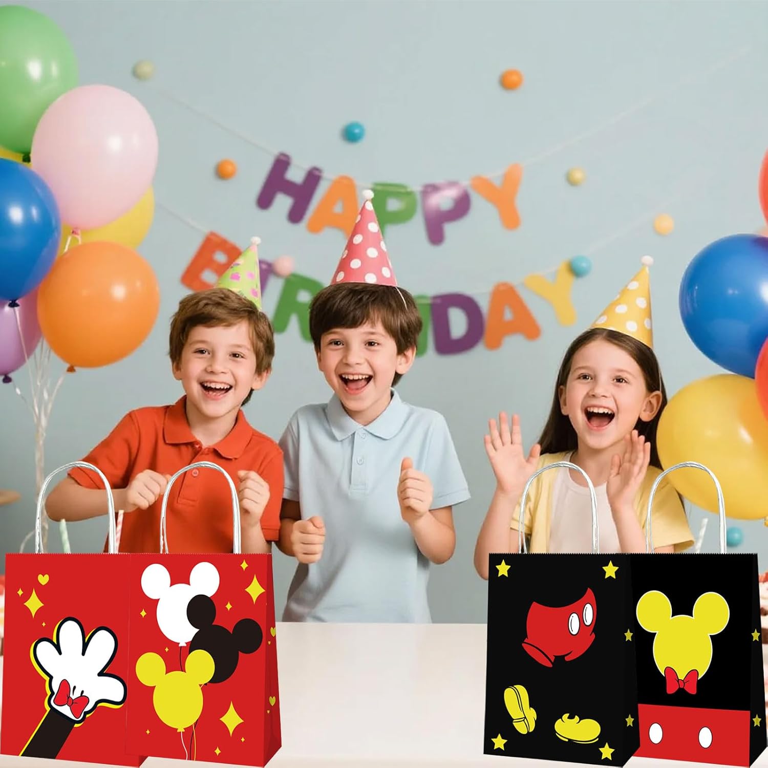 EBWHOLE 12 Pcs Cute Mouse Party Favor Bags, Cartoon Birthday Party Supplies Including 4 Patterns Double Sided Printed Candy Goodie Treat Bags with Handl (A) - Image 5