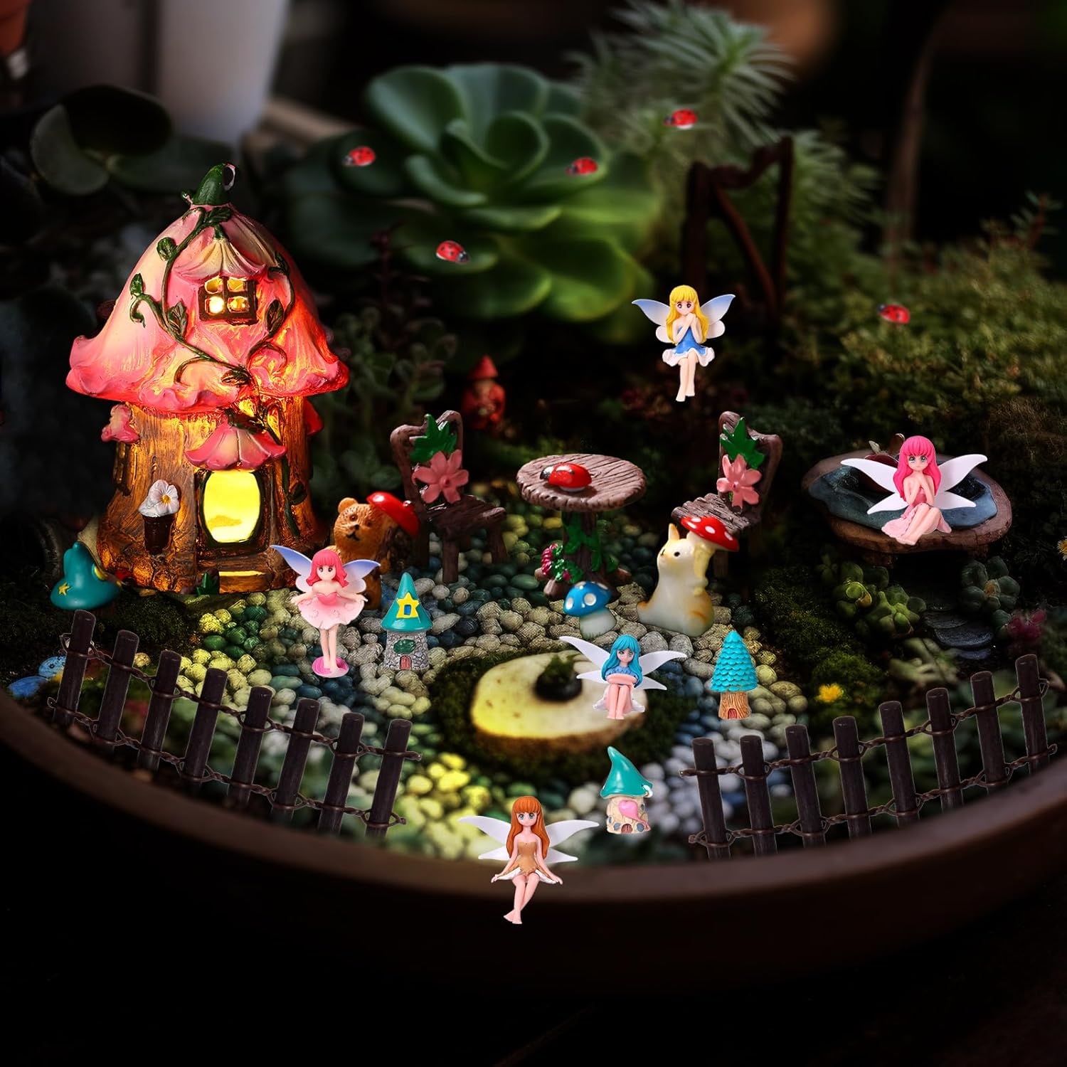 Gerrii 54 Pcs Fairy Accessories Outdoor Garden Kit Solar Fairy House Statues Decor Resin Fairy Figurines Mushroom Ornament Miniature Garden for DIY Yard Supplies Home Spring Easter Decoration